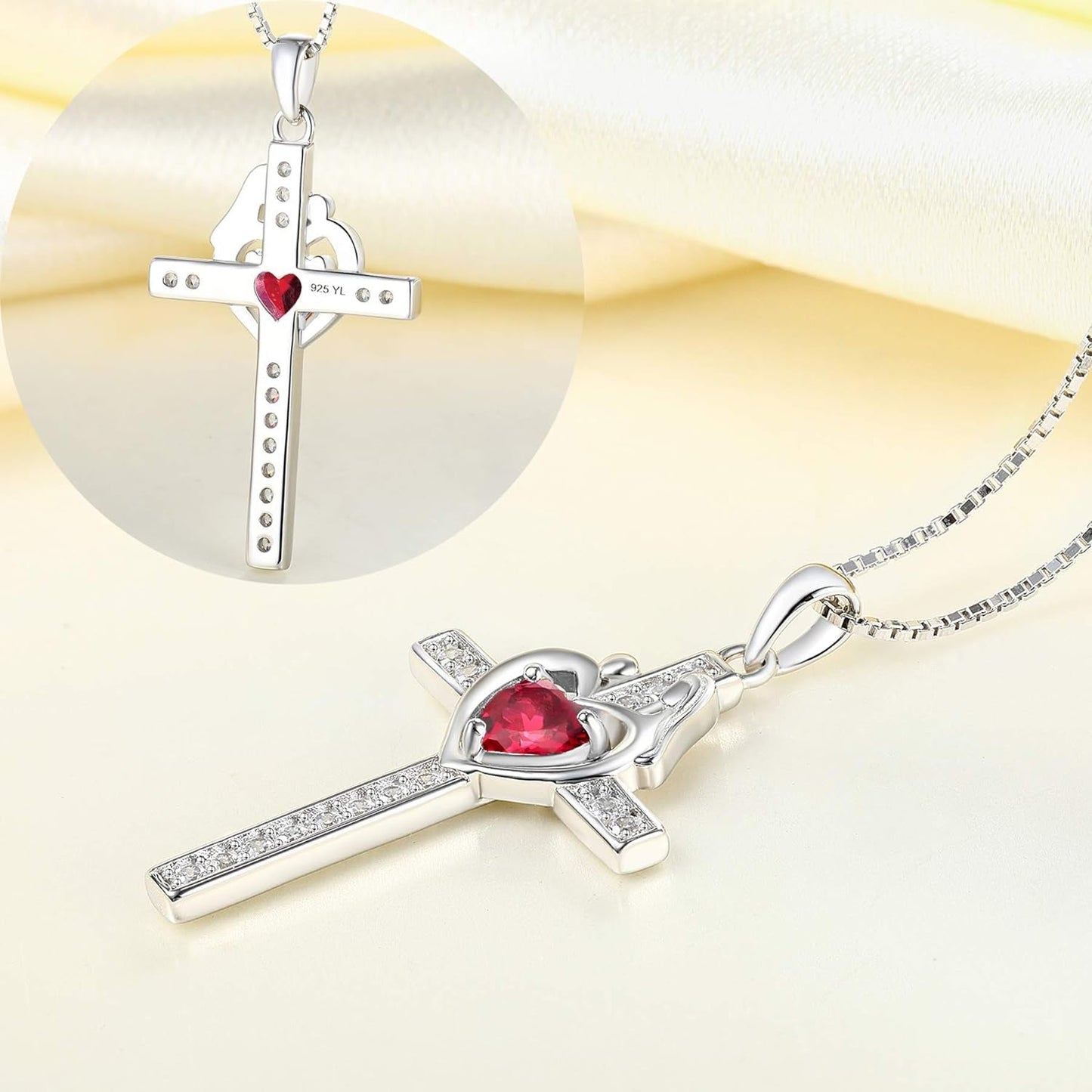 Mom Cross Necklace Sterling Silver Mother and Children Pendant Gemstones Crucifix Jewelry for Women