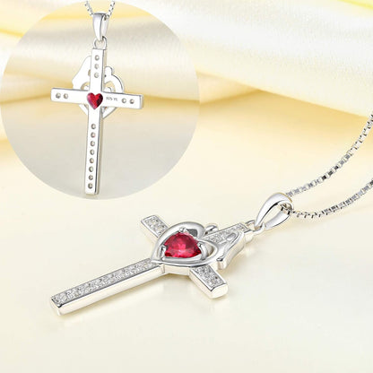Mom Cross Necklace Sterling Silver Mother and Children Pendant Gemstones Crucifix Jewelry for Women