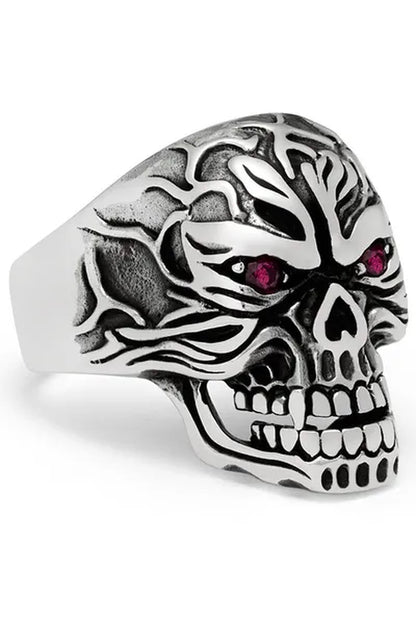 Men'S Sculpted Skull Biker Ring Sterling Silver 925 with Red Ruby Eyes CZ 25MM