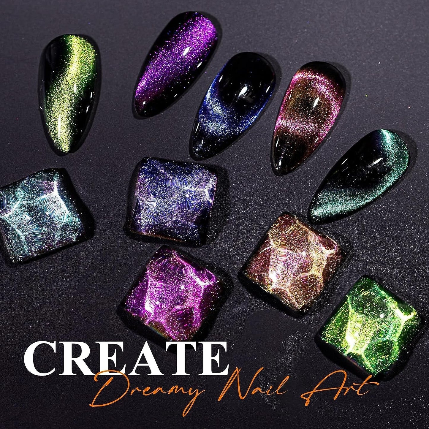 9D Cat Eye Gel Nail Polish, Magnetic Cat Eye Gel Polish Set, 10Ml*6 with 2 Magnets, Classic Colors Chameleon Magic Galaxy Effect Soak off Nail Art - Sparkle Stunning Gel Polish Gift for Women
