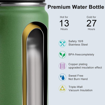 Insulated Water Bottle, 22 Oz Stainless Steel Double Wall Vacuum Wide Mouth Sport Bottle with Leakproof Spout Lid(Grass Green)