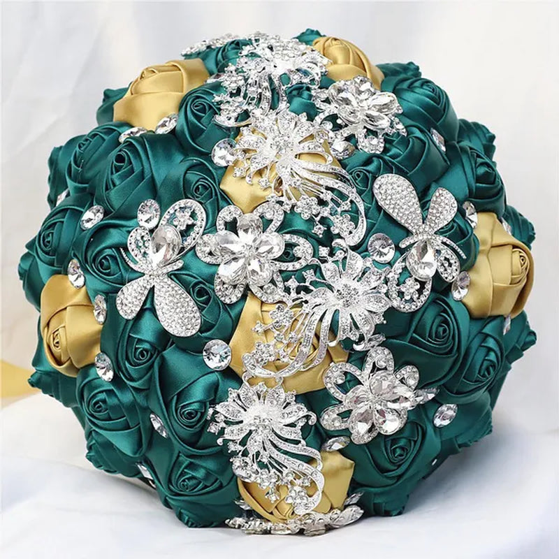 21CM Silver Rhinestone Bridal Hand Flowers Ribbon Wedding Hand Bouquet Mixed Color Silk Rose Diamond Brooch Bridesmaid Bouquet Wedding Supplies