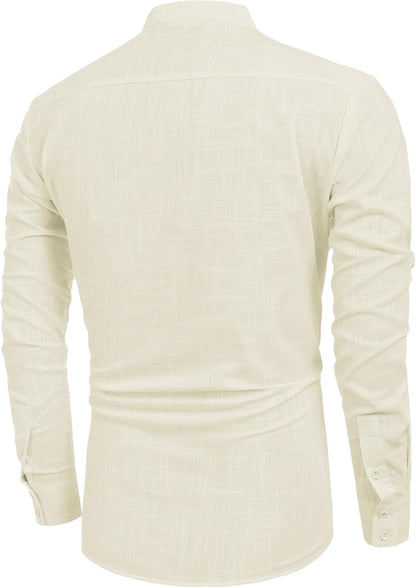 Men'S Cotton Linen Henley T-Shirts Long Sleeve Hippie Casual Beach T-Shirts