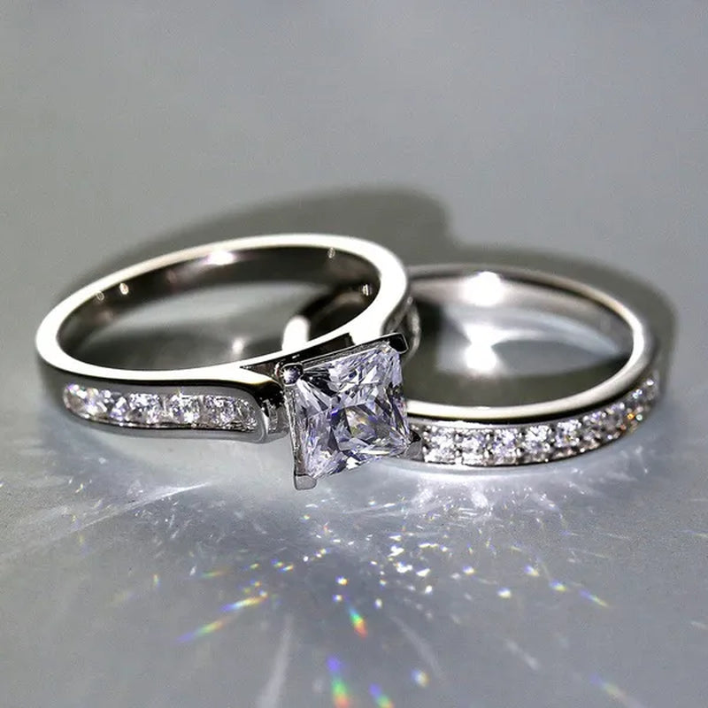 2Pcs / Set Classic Womens Fashion Gold / Silver / Black Diamond Ring Jewelry Exquisite Gold Ring Sets for Women Natural White Sapphire Rings Set Birthstone Princess Proposal Engagement Gold Ring Set Anniversary Party Romantic Bride Wedding Rings for Women
