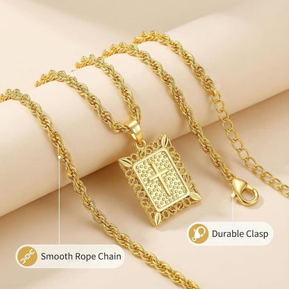 Cross Pendant Necklace for Women Men, 14K Gold/Silver Plated Square Faith Christian Figaro Chain Religious Jewelry Gift for Christian