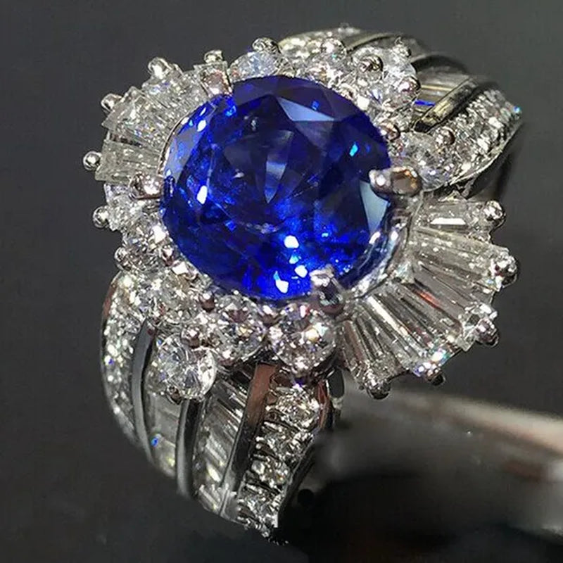 So Beautiful  Silver Natural Gemstones Sapphire And White Sapphire Wedding Birthstone Bride Engagement Anniversary Brand Big Ring Jewelry Size 6 7 8 9 10