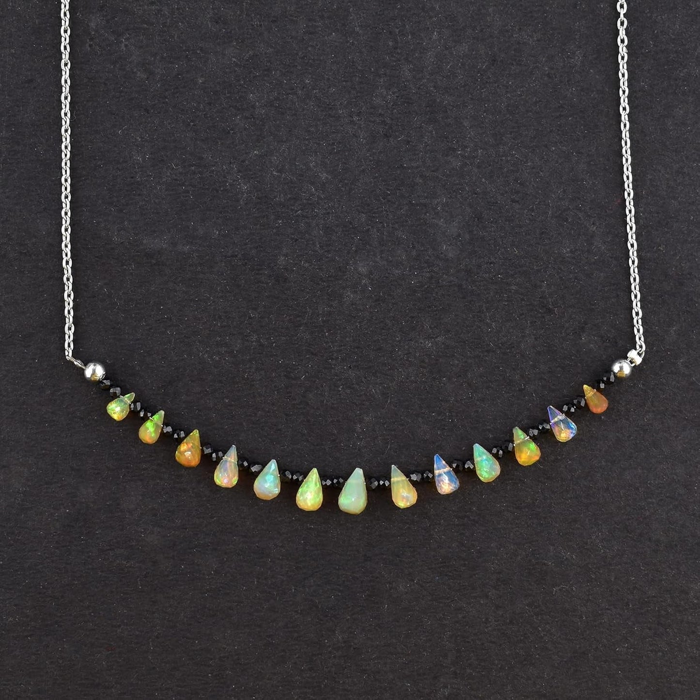 Fire Opal & Black Spinel Necklace for Women Birthstone Natural Gemstone Beads Dainty Designer Jewelry Chakra Energy Healing Crystals 925 Sterling Silver Chain 18 Inch