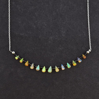 Fire Opal & Black Spinel Necklace for Women Birthstone Natural Gemstone Beads Dainty Designer Jewelry Chakra Energy Healing Crystals 925 Sterling Silver Chain 18 Inch