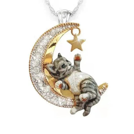 Cute cat necklace star moon diamond animal necklace wedding engagement anniversary princess jewelry gift