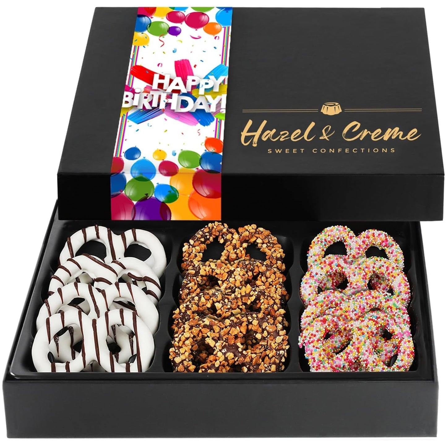 Birthday Pretzel Box - 12 Pieces - Birthday Chocololate Candy Gift - Dark Chocolate Covered Pretzels - Vegan Chocolate Pretzel Gift