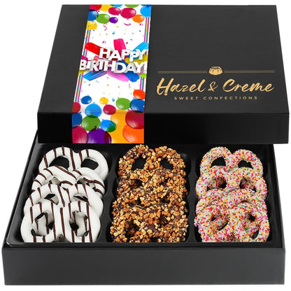 Birthday Pretzel Box - 12 Pieces - Birthday Chocololate Candy Gift - Dark Chocolate Covered Pretzels - Vegan Chocolate Pretzel Gift
