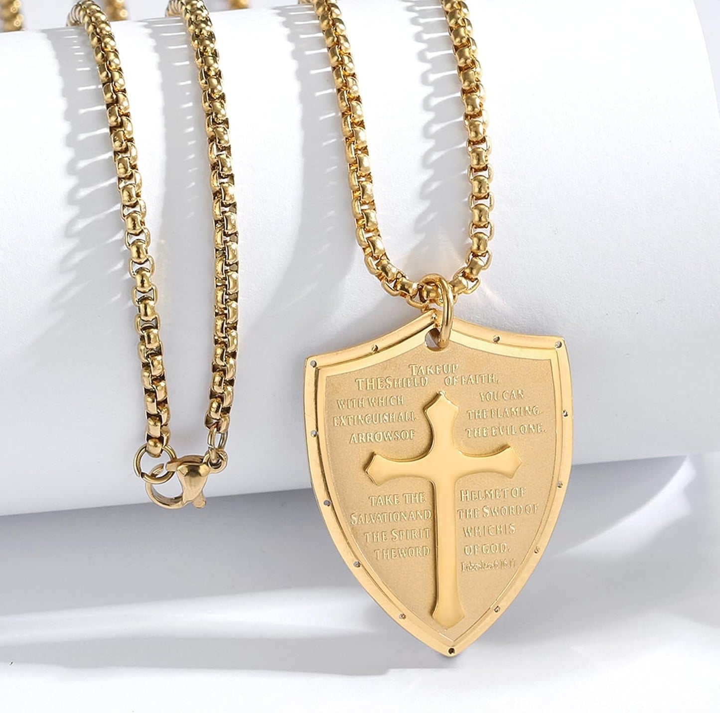 Armor of God Cross Pendant Necklace, Shield of Faith, Ephesians 6:16-17, Religious Amulet, Knights Templar Crusader, Stainless Steel 24" Chain