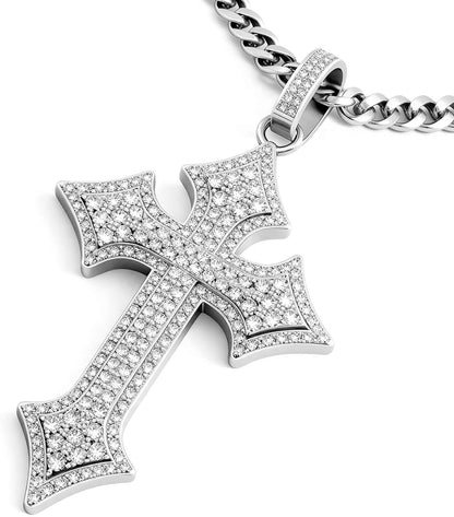 Cross Necklace for Men, Diamond Necklace Iced Out Bling Pendant Cross Pendant with 24-Inch Miami Cuban Link Chain（14K Gold Plated/Silver） - WORLD TIME VISITS