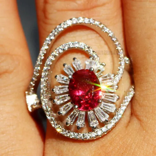 Gorgeous Silver Natural Gemstones Ruby Wedding Birthstone Bride Engagement Multilevel Oval Leaf Ring Jewelry Size 6 7 8 9 10