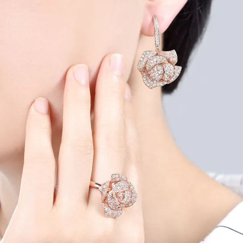 CANDICE Exquisite Banquet Party Jewelry Set for Women White Gold Plated Micro Inlaid AAA CZ Rose Flower Drop Necklace Silver Plated Earrings with Adjustable Ring