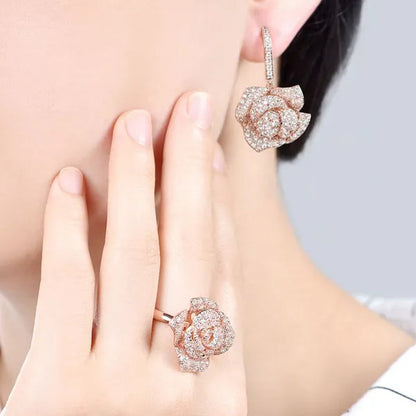 CANDICE Exquisite Banquet Party Jewelry Set for Women White Gold Plated Micro Inlaid AAA CZ Rose Flower Drop Necklace Silver Plated Earrings with Adjustable Ring