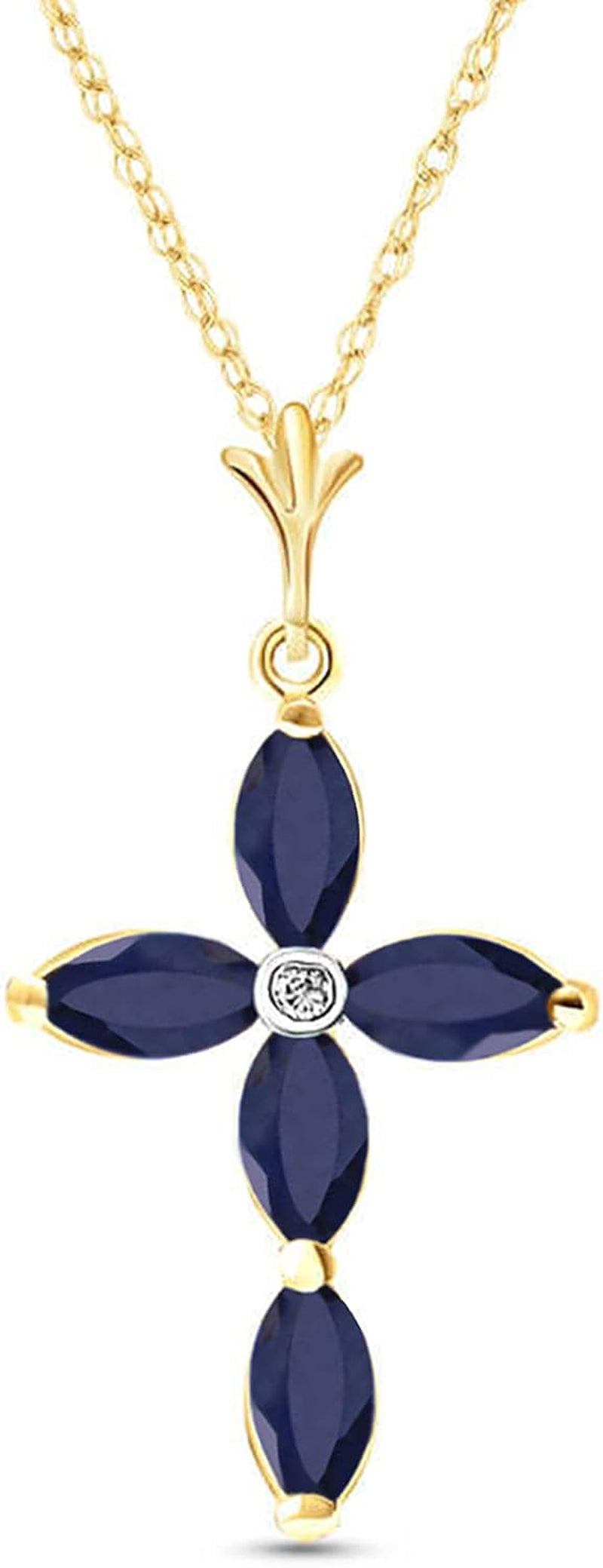 14K Gold Genuine Diamond & Blue Sapphire Cross Pendant Necklace - WORLD TIME VISITS