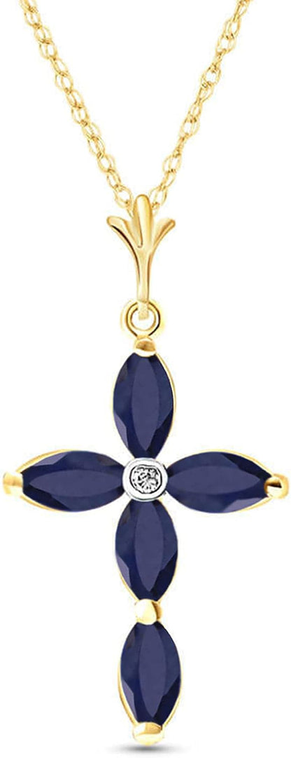 14K Gold Genuine Diamond & Blue Sapphire Cross Pendant Necklace - WORLD TIME VISITS