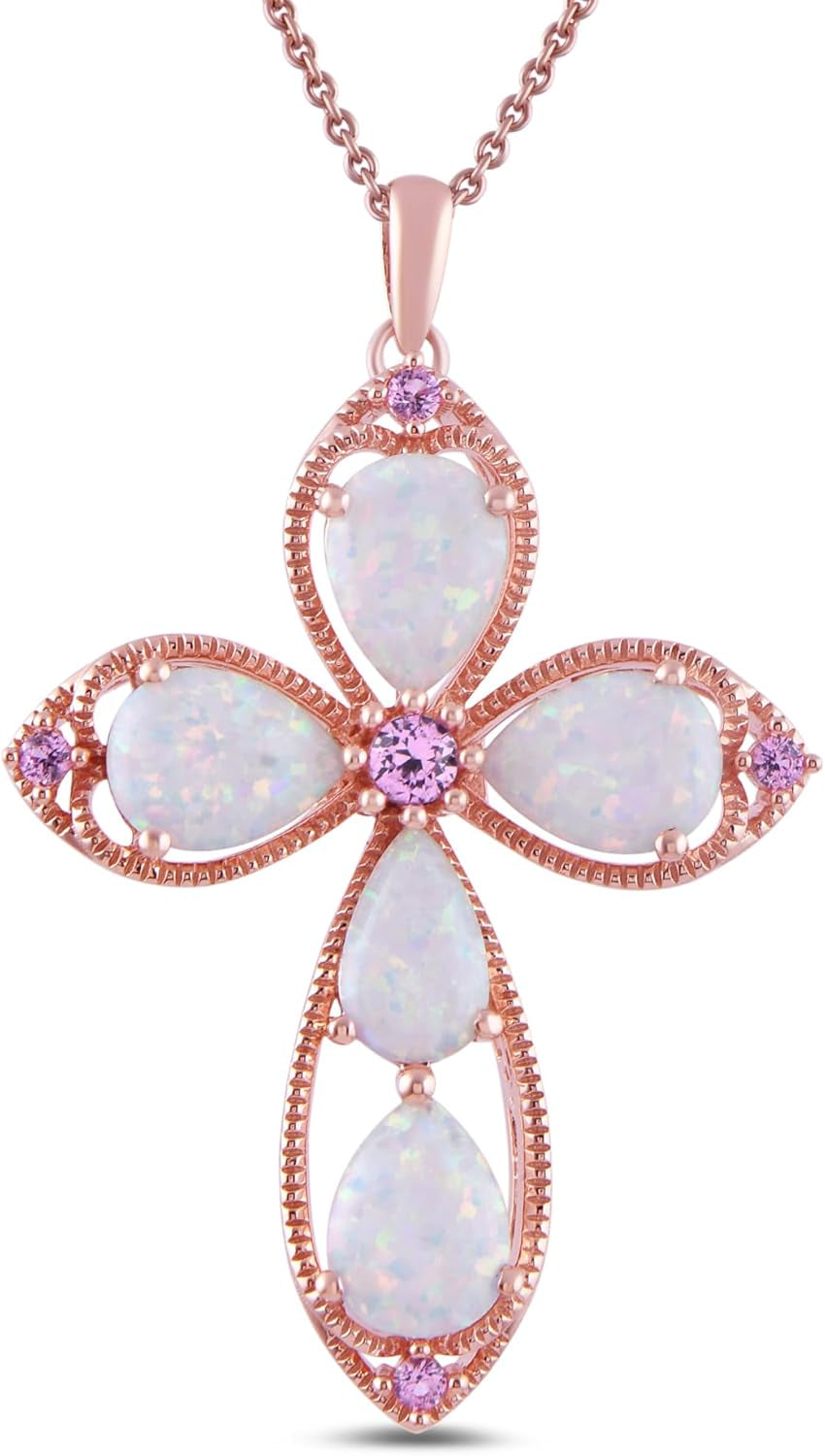Womens 14K Rose Gold over Sterling Silver Created Opal with Created Pink Sapphire Cross Pendant Necklace, 18", (Previously Amazon Collection) - WORLD TIME VISITS