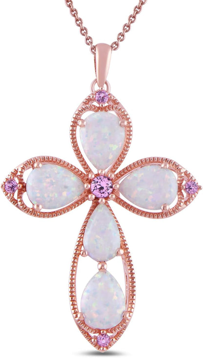 Womens 14K Rose Gold over Sterling Silver Created Opal with Created Pink Sapphire Cross Pendant Necklace, 18", (Previously Amazon Collection) - WORLD TIME VISITS
