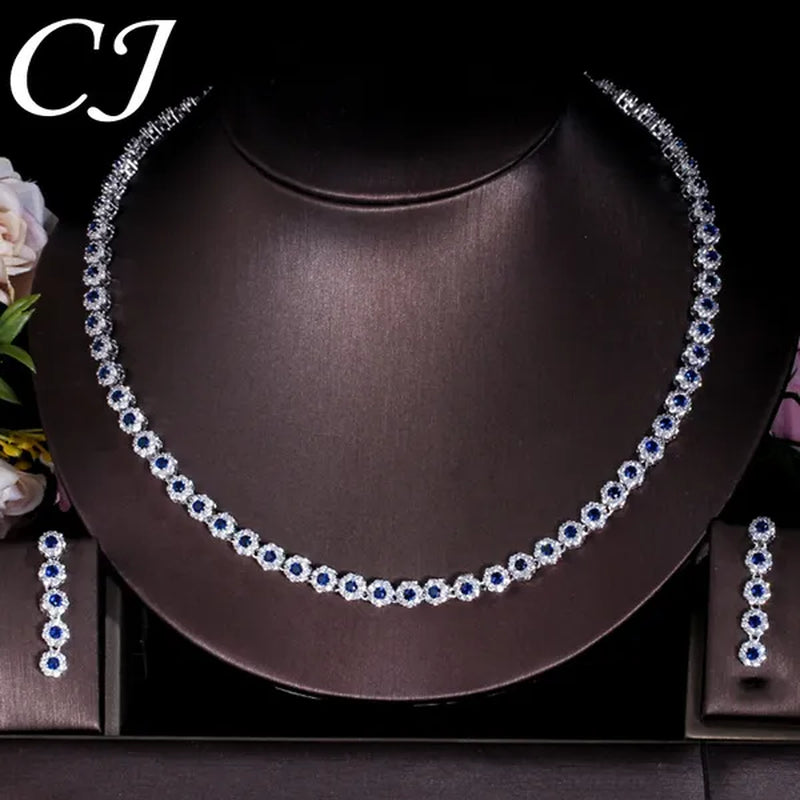 CANDICE Classic Round Cut Blue Choker Necklace Earrings Top Grade AAA+ CZ Stone Women Evening Jewelry Sets For Party