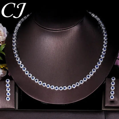 CANDICE Classic Round Cut Blue Choker Necklace Earrings Top Grade AAA+ CZ Stone Women Evening Jewelry Sets For Party