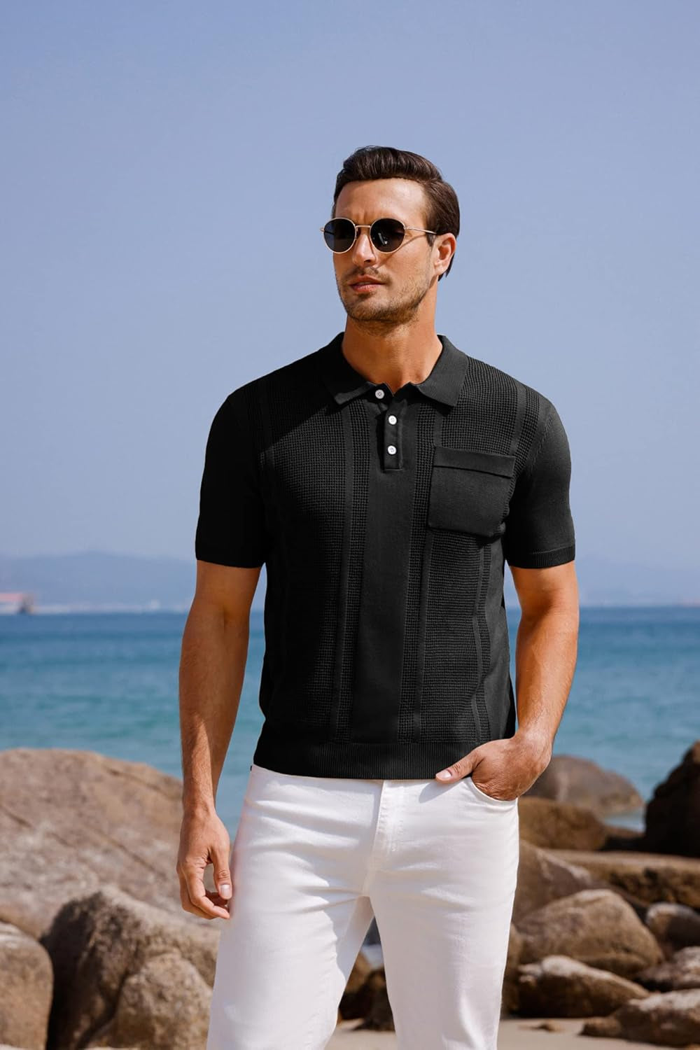 Men'S Knit Polo Shirts Short Sleeve Texture Lightweight Golf Shirts Sweater