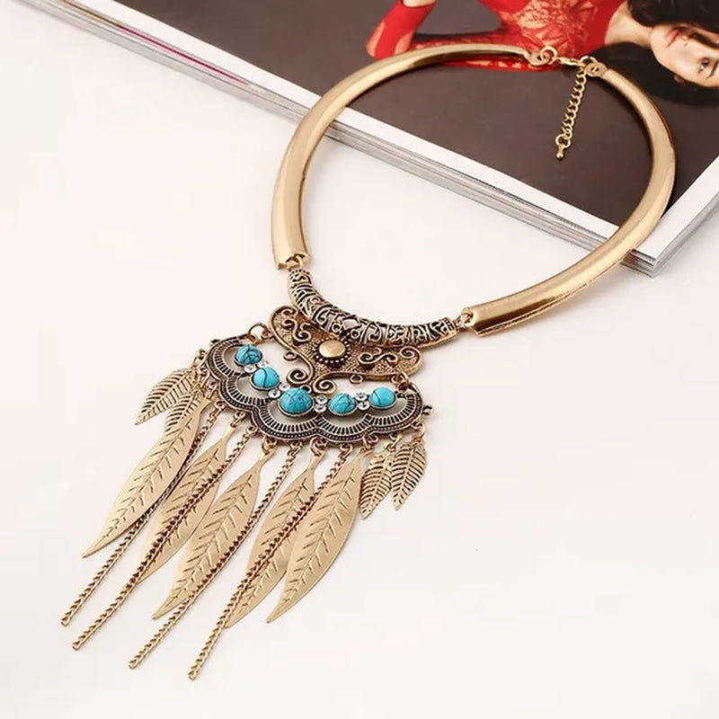 Bohemian Gypsy Ethnic Choker Collar Vintage Leaf Tassel Maxi Statement Pendant Necklace Jewelry