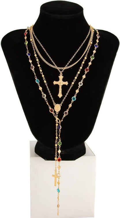 Gold Color Cross Pendant Necklace Set for Women,Dainty Big Crystal Cross Imitation Pearl Layered Chain Necklace Summer Party Jewelry