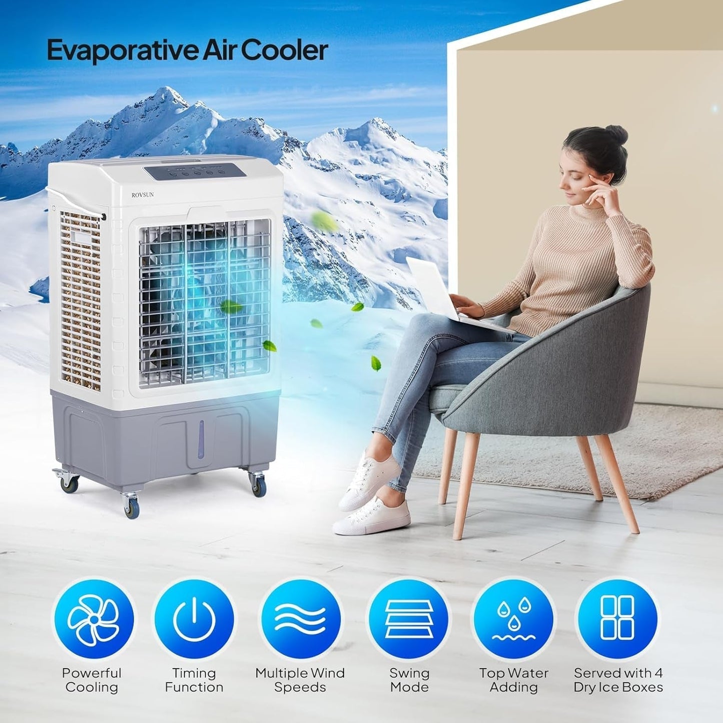 10.5Gallon Evaporative Air Cooler, 2600CFM Portable Swamp Cooler with Remote Control, Oscillation, 3 Speeds, 7.5H Timer & 40L Water Tank, 3-IN-1 Cooling Fan for Home Office Garage Outdoor