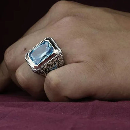 Classic Fashion Men's Ring Cutting 4.6 Carat Blue Stone Ring Noble Family Engagement Anniversary Gift Size 6-13