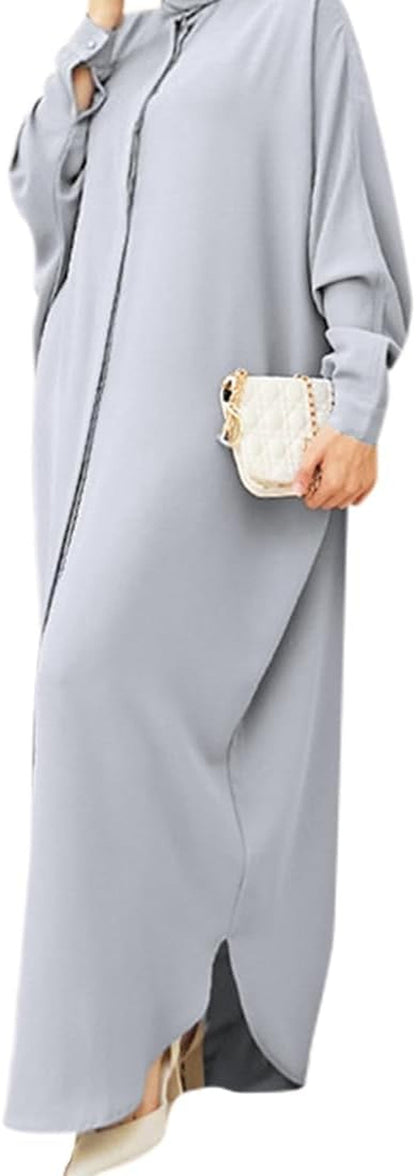 Women Abayas Dubai Kaftan Henley Shirt Prayer Maxi Dress Muslim Batwing Sleeve Ramadan Islamic Clothes