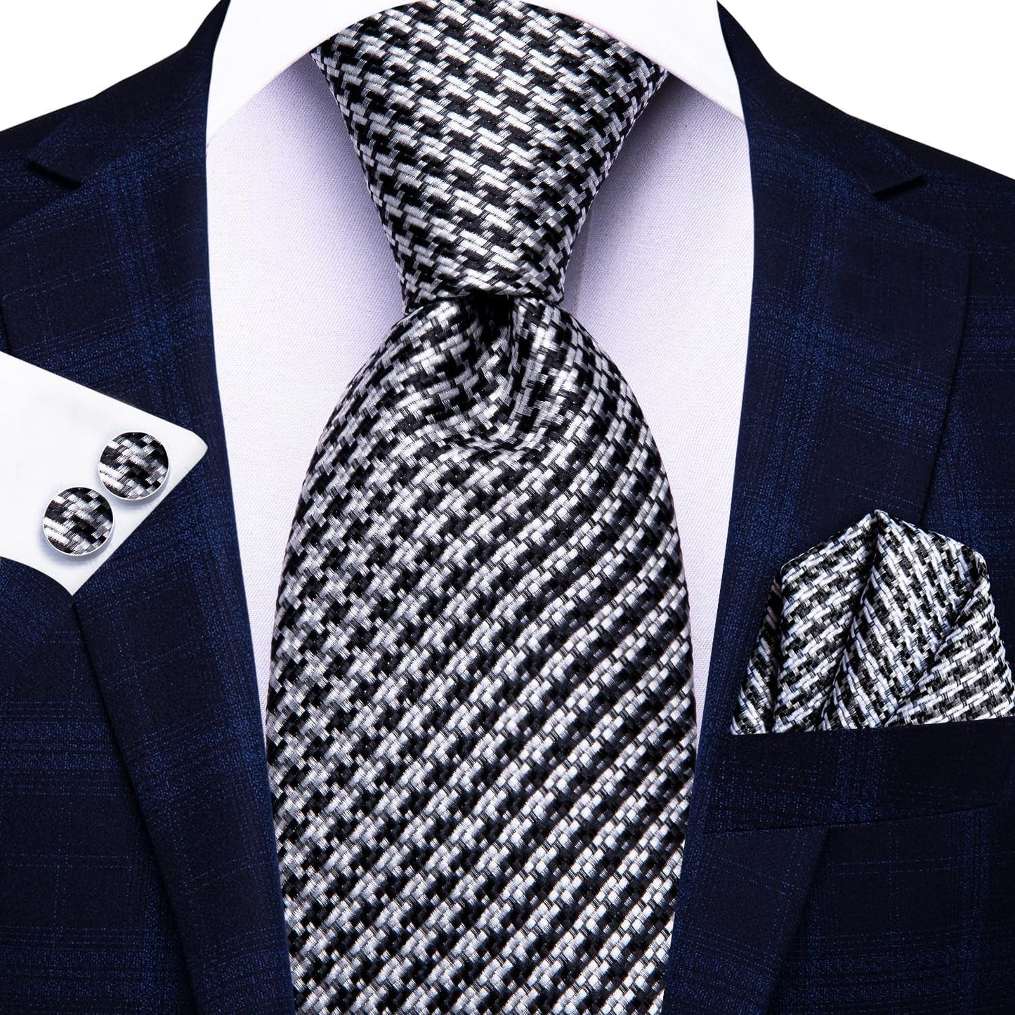 Mens Plaid Ties Classic Paisley Necktie with Handkerchief Cufflinks Set Business Stripe Tie