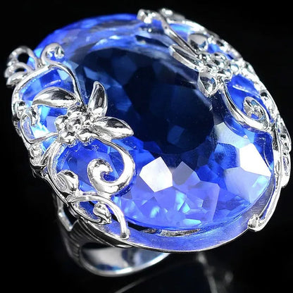 Beautiful Big Blue Sapphire Gemstones 925 Sterling Silver Wedding Engagement Ring - WORLD TIME VISITS