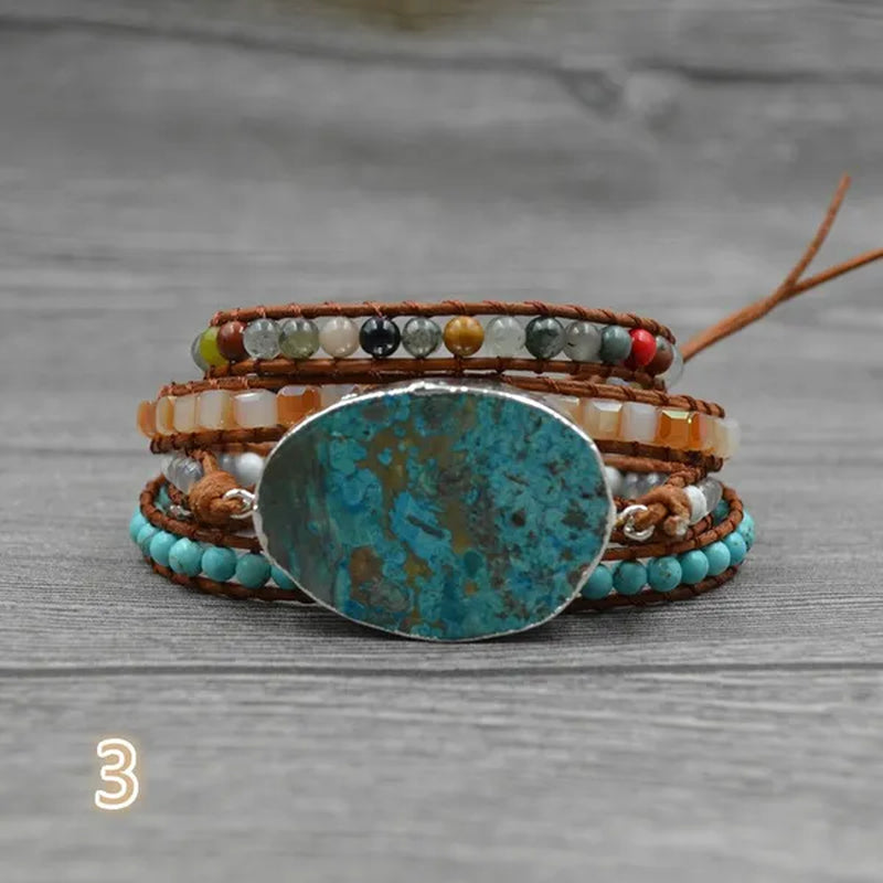 Vintage Boho Handmade Turquoise Charm Natural Stone Beads Bracelets Adjustable Wrap Leather Bracelet Jewelry - WORLD TIME VISITS