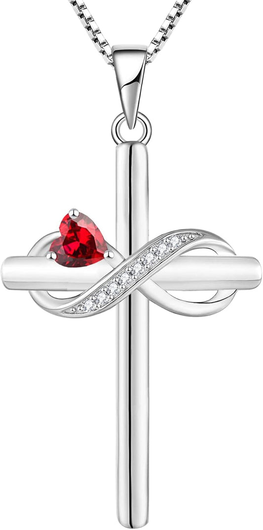 Infinity Cross Necklace Sterling Silver Crucifix Pendant Heart Birthstone Criss Jewelry for Women