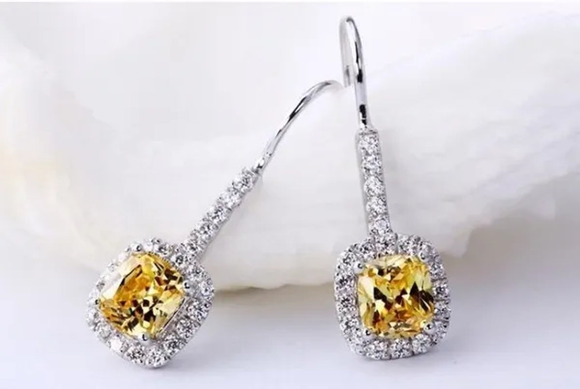 18K White Gold GP AAA CZ Zircon Citrine Pendant Necklace Earrings Princess Cut Drop Earring Jewellery Set