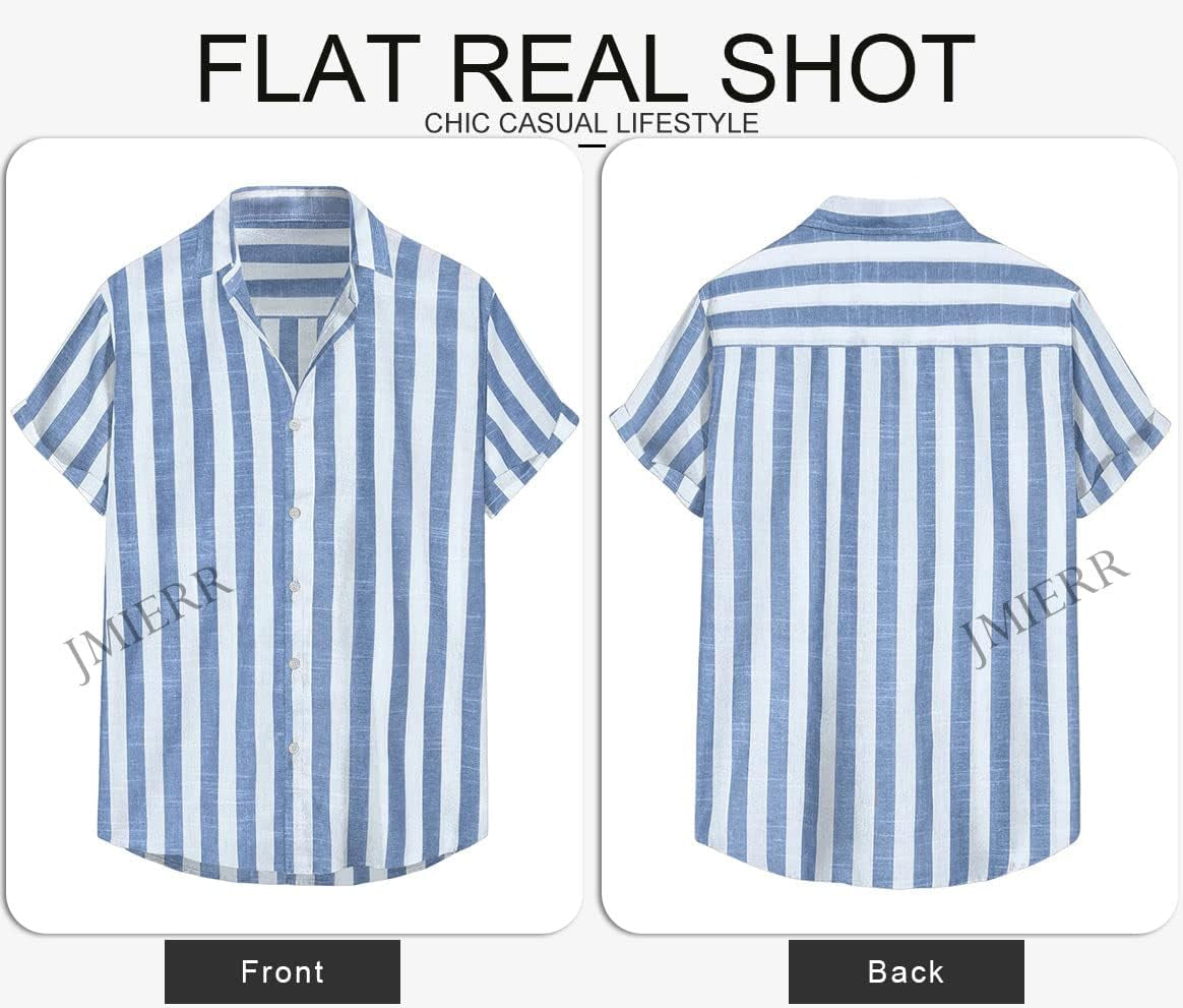 Men'S Casual Stylish Short Sleeve Button-Up Striped Dress Shirts Cotton Beach Shirt