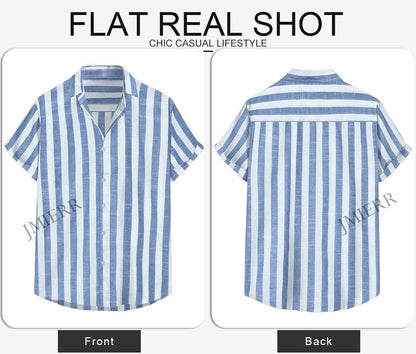 Men'S Casual Stylish Short Sleeve Button-Up Striped Dress Shirts Cotton Beach Shirt