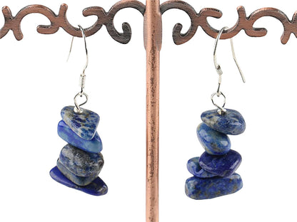 Lapis Lazuli Tumbled Stone Earrings Stacked Small Dangle Raw Crystal Earrings Lightweight Everyday Drop Earrings Blue Stone Dangling Earrings Birthstone Anniversary Gift (Silver + Lapis Lazuli)
