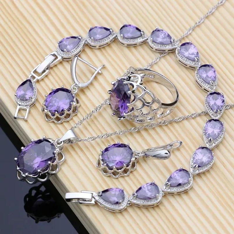 Purple Amethyst White Topaz Crown Silver 925 Jewelry Set for Women Earrings Necklace Set