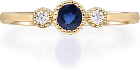 10K Yellow Gold Genuine Blue Sapphire Ring with Diamonds for Women | Ethically, Authentically & Organically Sourced (Round-Cut) Shaped Sapphire Jewelry for Her | Sapphire Ring for Women