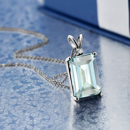 14X10MM Emerald Cut Gemstone Birthstone and White Diamond Necklace | 925 Sterling Silver | Pendant Necklace for Women | with 18 Inch Silver Chain