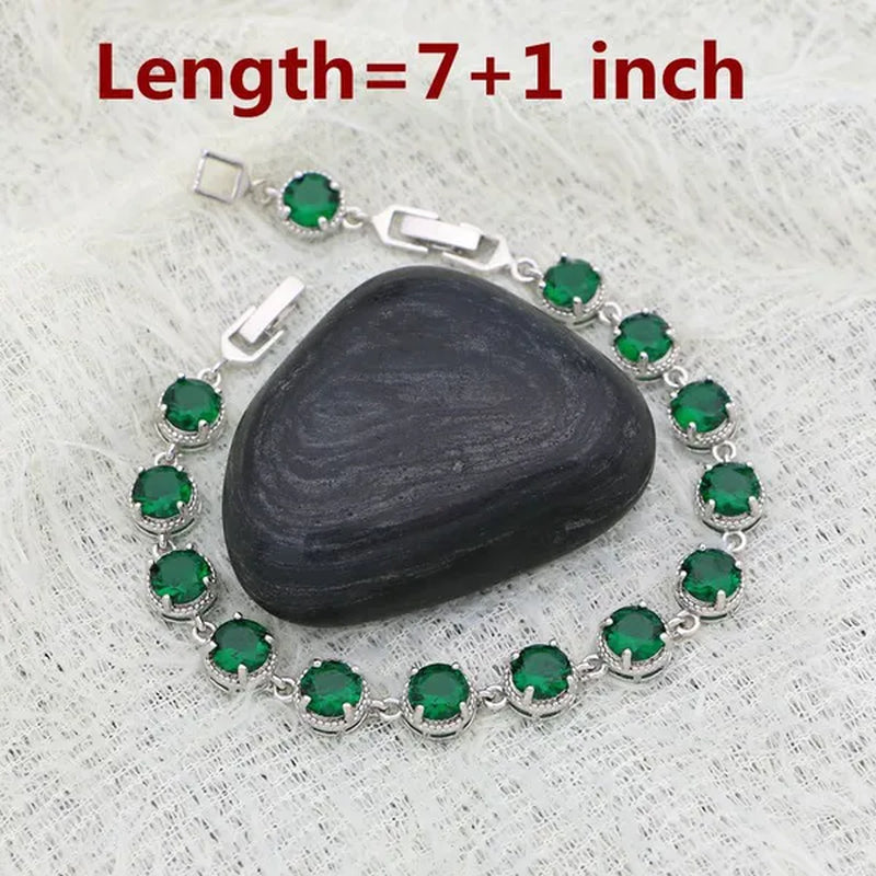 925 Sterling Silver Bridal Jewelry Sets Green Emerald Drop Earrings Ring Pendant Necklace Bracelet 4Pcs Birthday Gift for Women