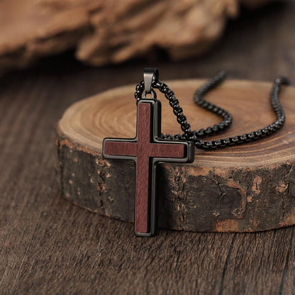 Wooden Cross Necklace for Men, Natural Sandalwood Inlaid with Black Stainless Steel Pendant, Mens Cross Necklaces Including 24 Inch Box Chain. Christmas Gifts for Husbands, Fathers, Sons, and Friends. ﻿