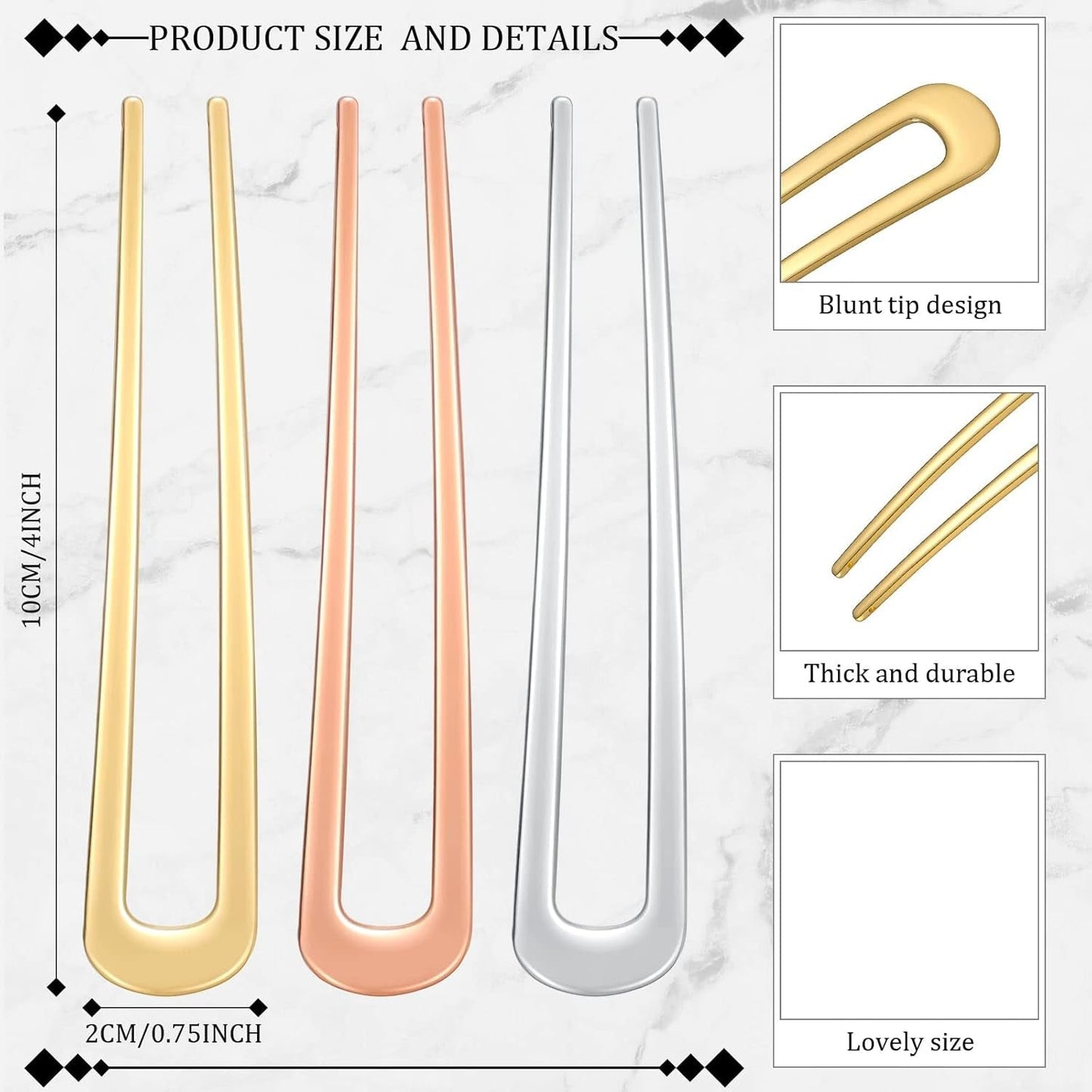 6 Pieces Hair Pins Simple Metal U Shaped French Gold Hair Fork Sticks 2 Prong Updo Chignon Pins for Women Lady Buns Accessories(Gold, Silver, Rose Gold)