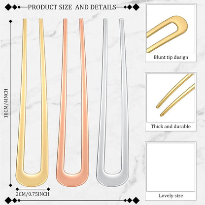 6 Pieces Hair Pins Simple Metal U Shaped French Gold Hair Fork Sticks 2 Prong Updo Chignon Pins for Women Lady Buns Accessories(Gold, Silver, Rose Gold)