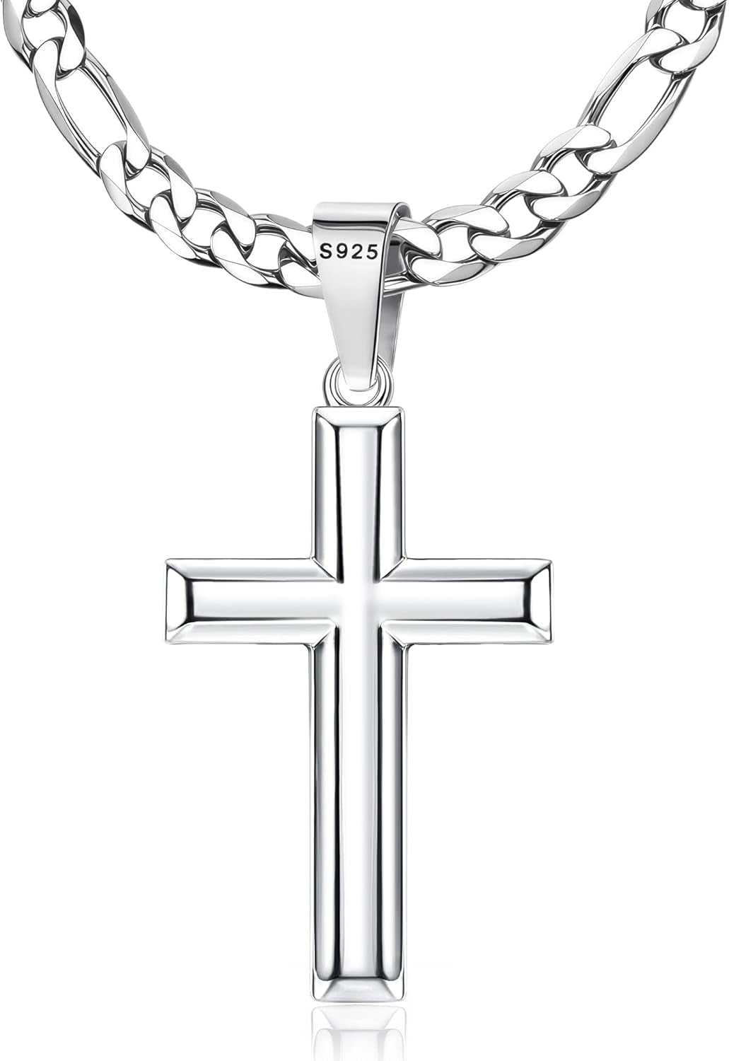 925 Sterling Silver Cross Necklace for Men Women - 5Mm Durable 316L Stainless Steel Figaro Link Chain with Beveled Edge Cross Pendant, Silver Crucifix Necklaces Jewelry, 16-30'' Christian Baptism Gift - WORLD TIME VISITS