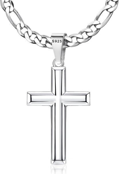 925 Sterling Silver Cross Necklace for Men Women - 5Mm Durable 316L Stainless Steel Figaro Link Chain with Beveled Edge Cross Pendant, Silver Crucifix Necklaces Jewelry, 16-30'' Christian Baptism Gift - WORLD TIME VISITS