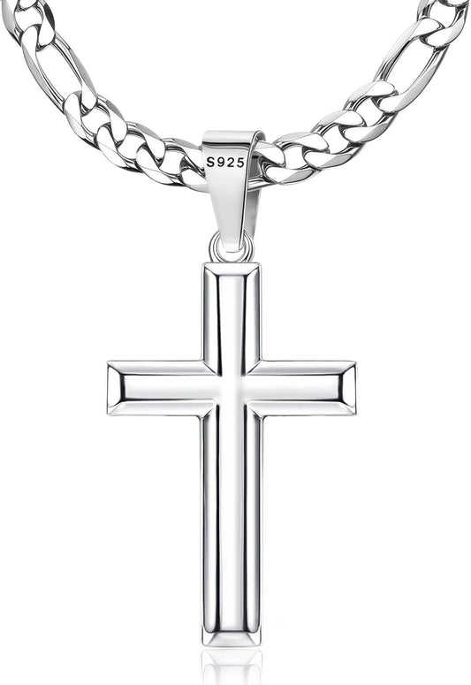 925 Sterling Silver Cross Necklace for Men Women - 5Mm Durable 316L Stainless Steel Figaro Link Chain with Beveled Edge Cross Pendant, Silver Crucifix Necklaces Jewelry, 16-30'' Christian Baptism Gift - WORLD TIME VISITS